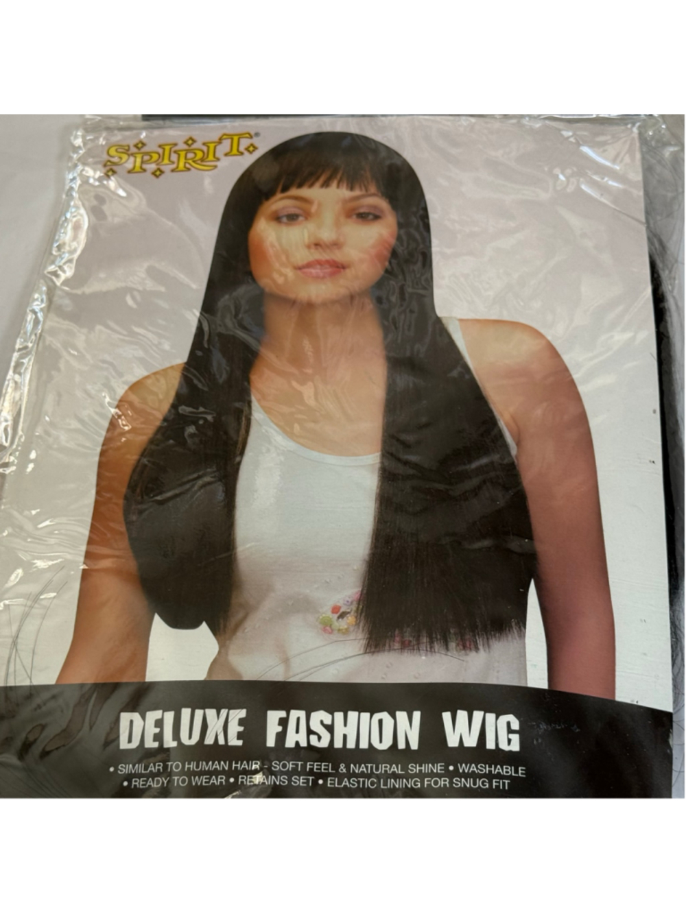 NIB Spirit Halloween black wig long hair natural looking with bangs adult OS